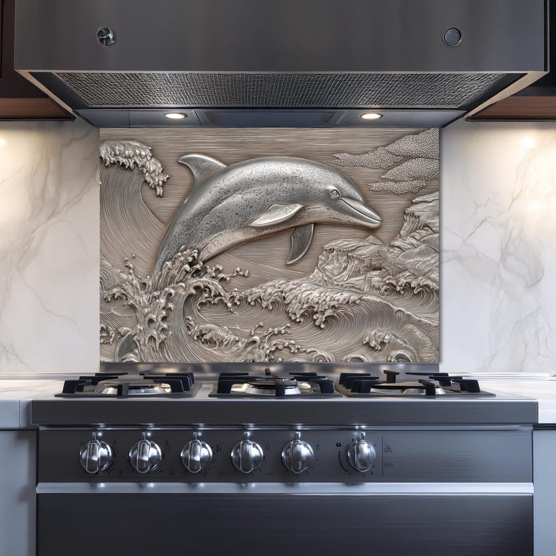 May include: A silver-colored backsplash featuring a 3D relief of a dolphin leaping through ocean waves. The dolphin is the focal point, with detailed waves and a cloudy sky in the background. The backsplash is installed above a stainless steel stove.