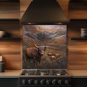 May include: A decorative kitchen backsplash featuring a Highland cow in a mountainous landscape. The artwork is predominantly brown and orange, with a detailed depiction of the cow and the surrounding environment. The backsplash is installed above a gas stove.