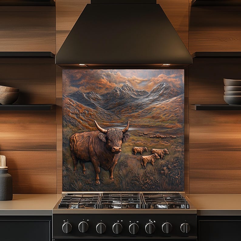 May include: A decorative kitchen backsplash featuring a Highland cow in a mountainous landscape. The artwork is predominantly brown and orange, with a detailed depiction of the cow and the surrounding environment. The backsplash is installed above a gas stove.