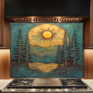 May include: A decorative kitchen backsplash featuring a landscape scene with a yellow sun, mountains, and pine trees. The artwork has a teal and gold color palette and is installed above a stainless steel gas range.