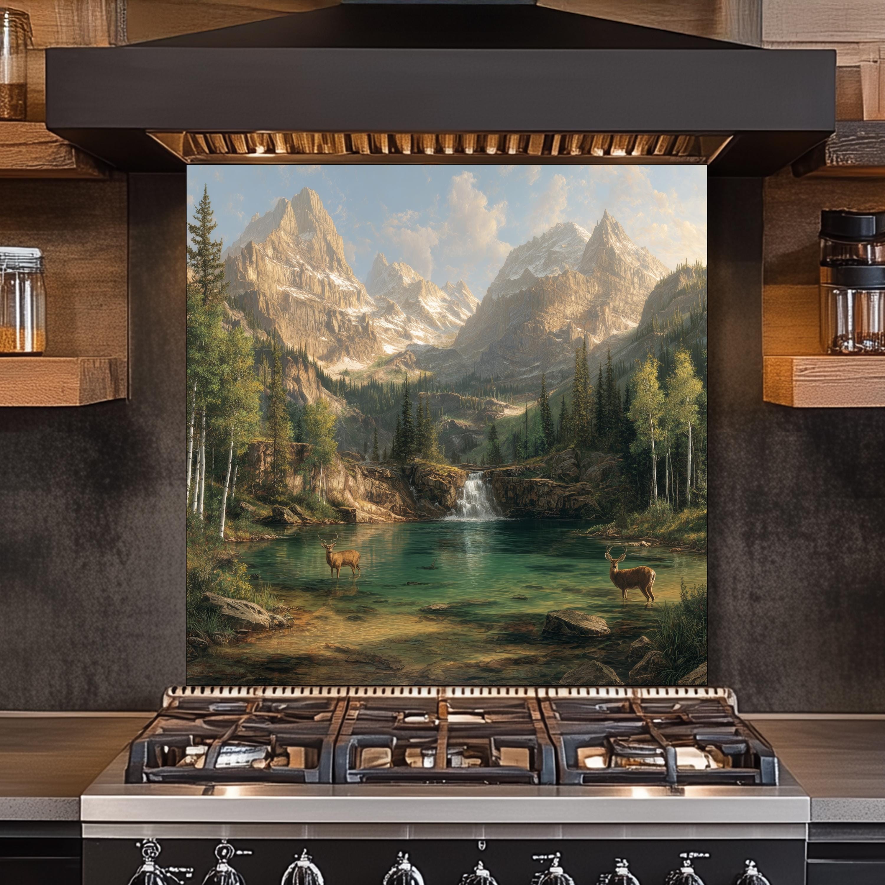 Nature Splashbacks Mountain Lake Deer Tempered Glass Kitchen Backsplash, Scenic Nature ...