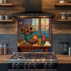Può includere: Un colorato paraschizzi da cucina con un'immagine in stile mosaico di girasoli in un vaso, barattoli e una finestra. L'immagine ha una calda tavolozza di colori con sfumature di giallo, arancione e blu. Il paraschizzi è installato sopra un piano cottura a gas in acciaio inossidabile.