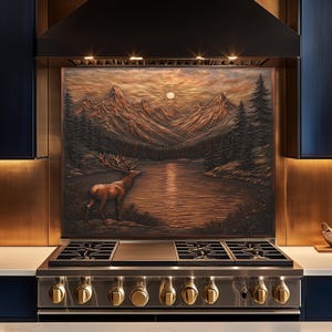 Rustic Deer Mountain Kitchen Backsplash: Tempered Glass Sunset Scene