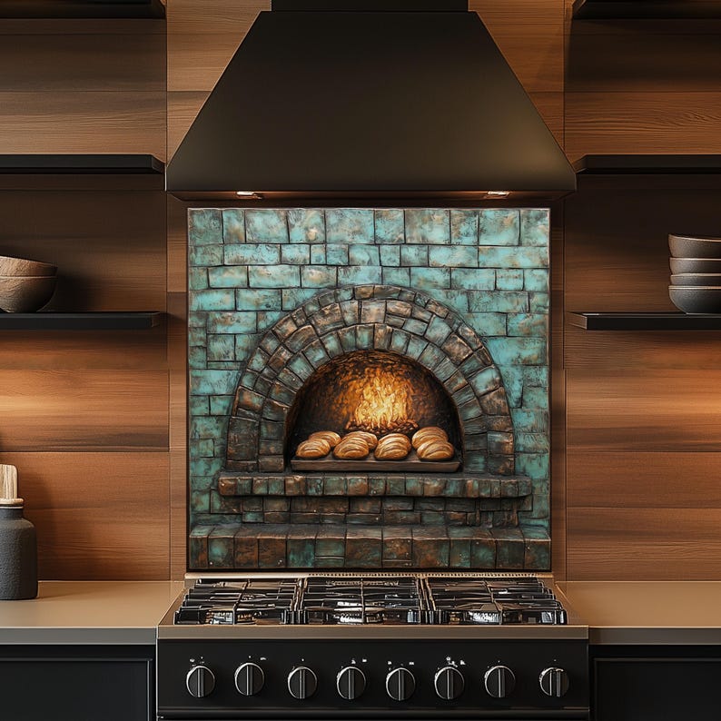 Puede incluir: Una cocina con un horno de ladrillo hecho a medida con una fachada de ladrillo de color turquesa. El horno tiene un fuego c&aacute;lido y varios panes. Encima de una placa de gas negra con seis quemadores hay una campana extractora negra.