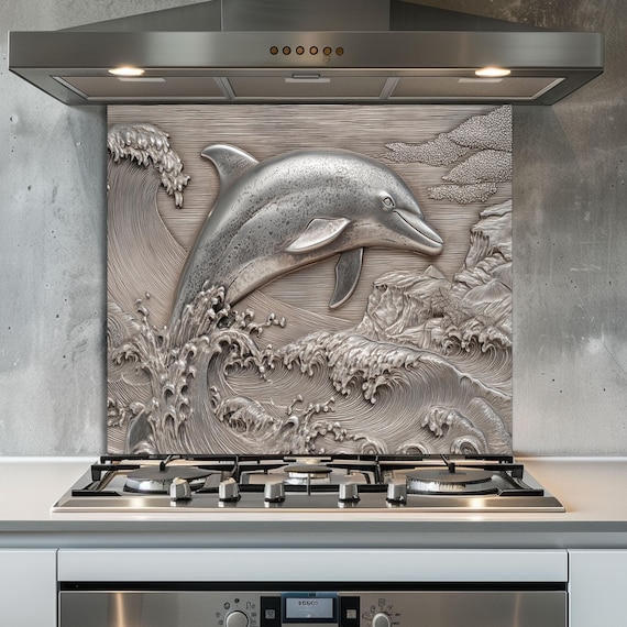 Dolphin Tempered Glass Kitchen Backsplash, Metallic Embossed Ocean Wave