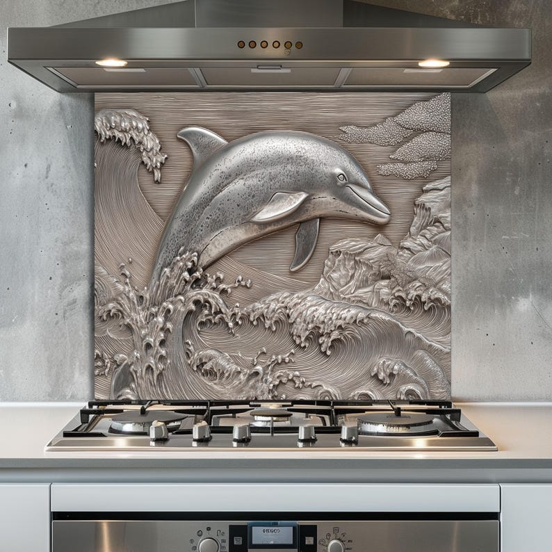 May include: A silver-colored backsplash featuring a 3D relief of a dolphin leaping through ocean waves. The artwork includes detailed depictions of water, clouds, and rocky formations, creating a dynamic and aquatic scene.