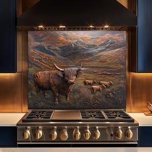 May include: A decorative kitchen backsplash featuring a detailed relief of a Highland cow in a grassy field with mountains in the background. The artwork is in shades of brown and gold, with a stainless steel gas range below.