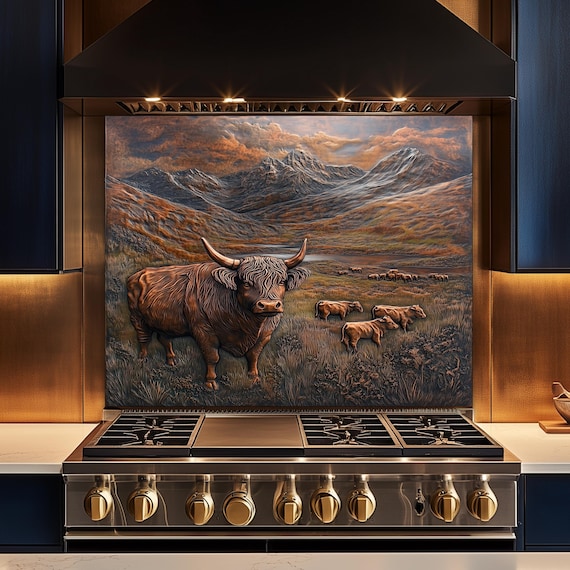Highland Cow Tempered Glass Kitchen Backsplash: Heat & Shatter Resistant