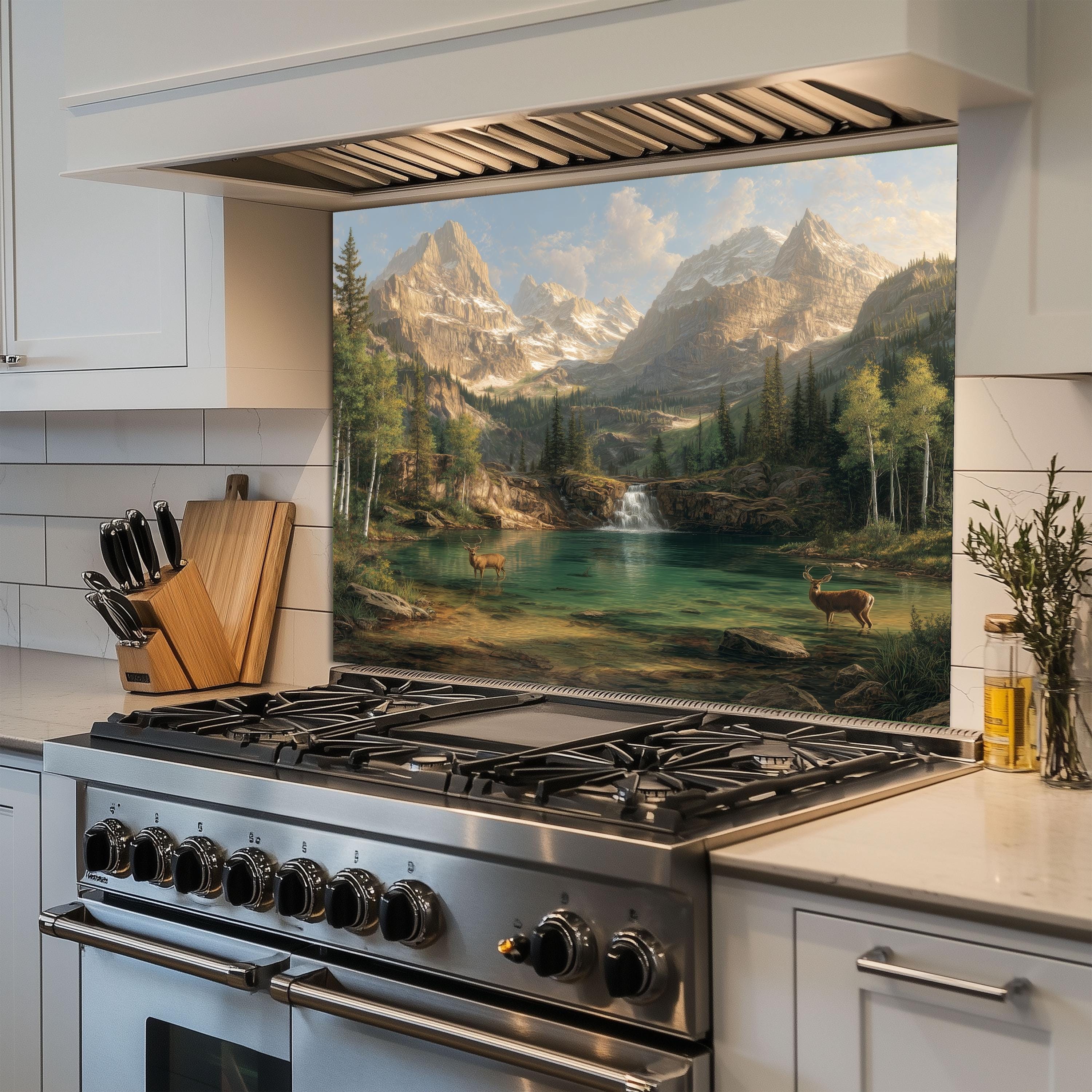 Nature Splashbacks Mountain Lake Deer Tempered Glass Kitchen Backsplash, Scenic Nature ...