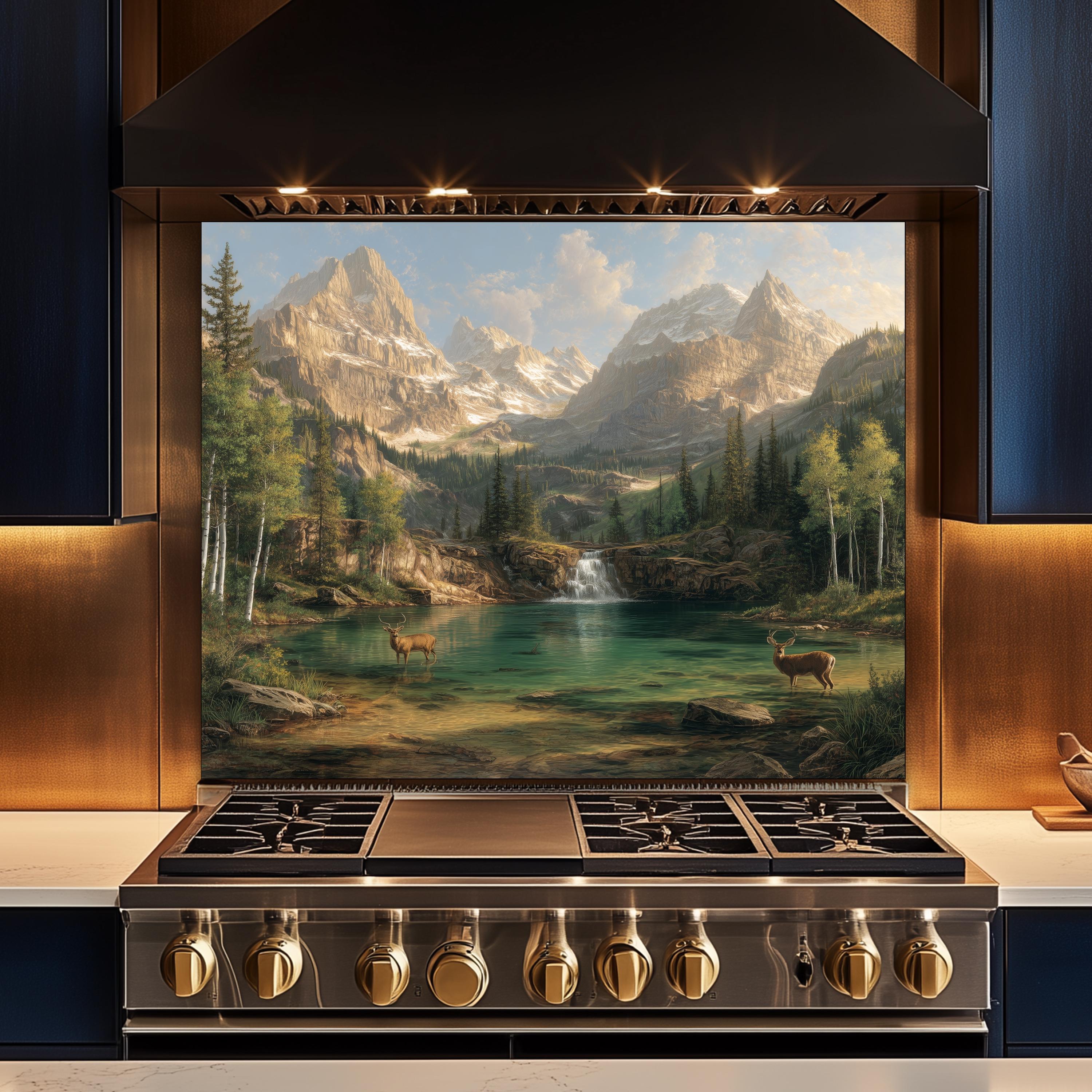 Nature Splashbacks Mountain Lake Deer Tempered Glass Kitchen Backsplash, Scenic Nature ...