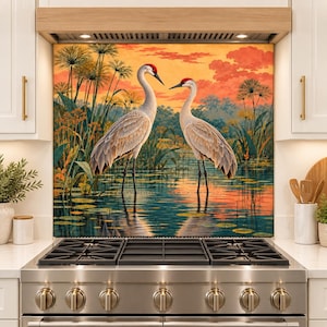 May include: A kitchen backsplash panel featuring a vibrant illustration of two cranes standing in a marshy wetland at sunset. The scene includes tall papyrus plants, lily pads, and a warm orange sky reflected in the calm water behind a gas stove.