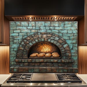 Puede incluir: Un protector contra salpicaduras de cocina con un dise&ntilde;o de horno de ladrillo en tonos turquesa y bronce. El interior del horno brilla con llamas, y varios panes descansan sobre un estante. El horno est&aacute; encima de una estufa de gas.
