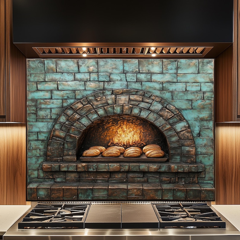Puede incluir: Un protector contra salpicaduras de cocina con un dise&ntilde;o de horno de ladrillo en tonos turquesa y bronce. El interior del horno brilla con llamas, y varios panes descansan sobre un estante. El horno est&aacute; encima de una estufa de gas.