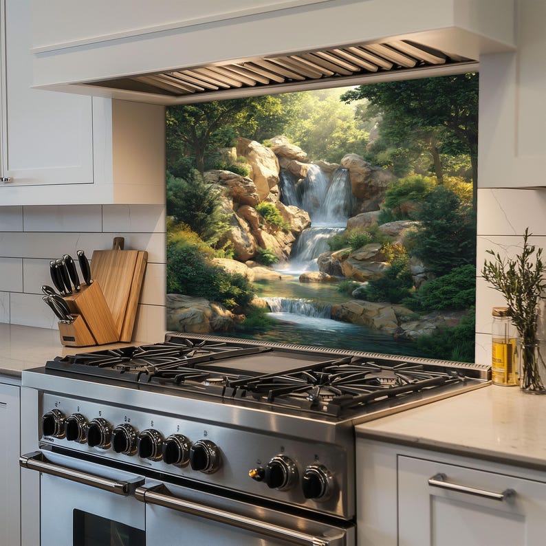 May include: A stainless steel gas range with a waterfall scene backsplash. The backsplash features a cascading waterfall surrounded by lush greenery and rocks. The kitchen has white cabinets and a light-colored countertop.