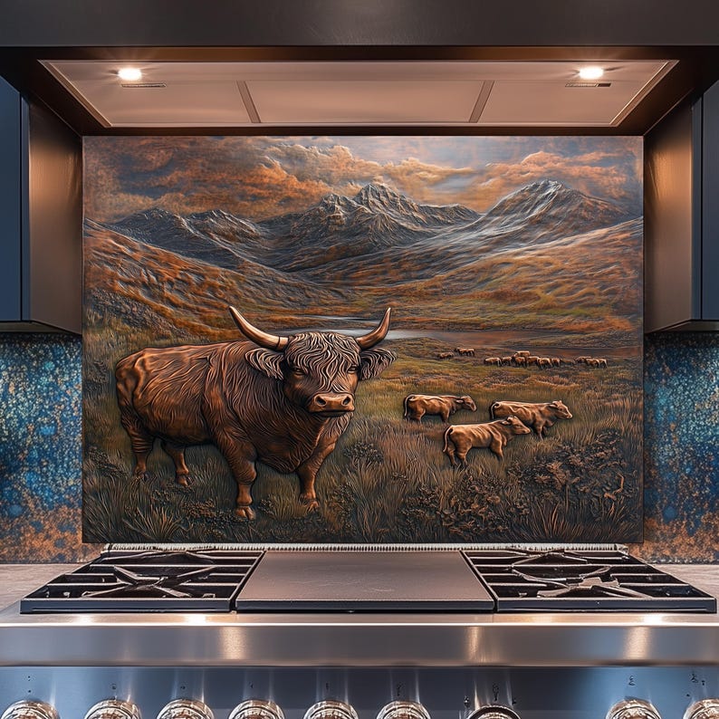 May include: A decorative kitchen backsplash featuring a detailed relief of a Highland cow in a grassy field with mountains in the background. The artwork is predominantly brown and orange, with a textured appearance.
