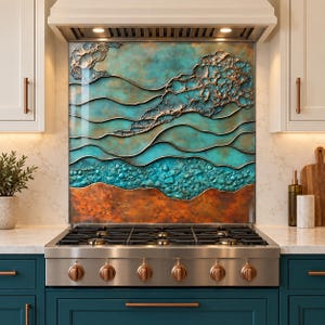 May include: A rectangular kitchen backsplash panel featuring a textured, three-dimensional metal design. The artwork depicts abstract ocean waves in shades of turquoise and teal, with a prominent copper-toned base and raised, cratered metallic accents.