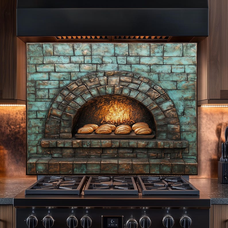 Puede incluir: Una cocina con una placa para horno de ladrillo hecha a medida. El horno presenta una arcada de ladrillo con fuego en su interior y una bandeja de pan horneado. La placa tiene una combinaci&oacute;n de colores turquesa y marr&oacute;n. La cocina tiene una encimera negra con varios quemadores.