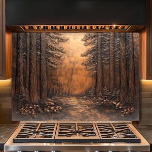 May include: A copper-toned range hood backsplash featuring a detailed forest scene with tall trees and a path. The relief sculpture is mounted above a stainless steel gas range with black grates. The overall design evokes a natural, rustic aesthetic.