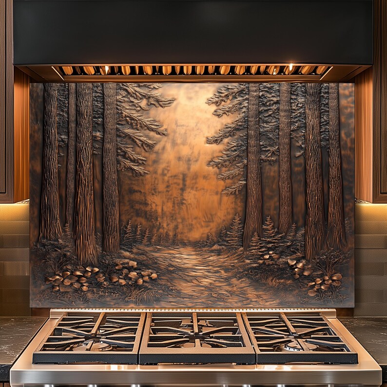 May include: A copper-toned range hood backsplash featuring a detailed forest scene with tall trees and a path. The relief sculpture is mounted above a stainless steel gas range with black grates. The overall design evokes a natural, rustic aesthetic.