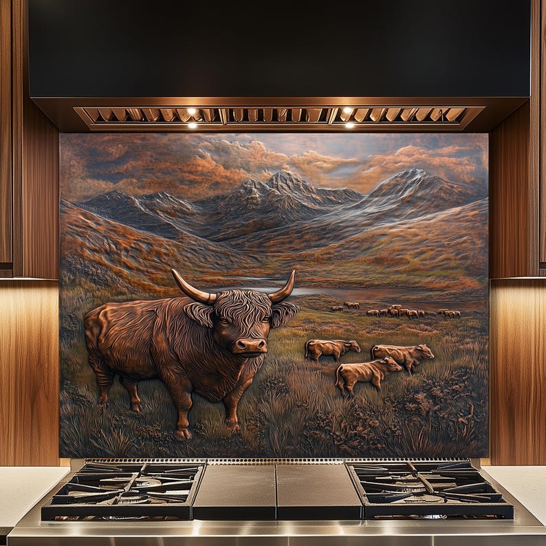 May include: A decorative kitchen backsplash featuring a detailed relief of a Highland cow in a grassy field with mountains in the background. The artwork is rendered in shades of brown and bronze, creating a rustic and natural aesthetic.