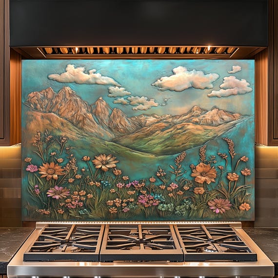 Mountain Floral Tempered Glass Kitchen Backsplash: Heat & Shatter Resistant