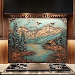 Mountain Lodge Kitchen Backsplash: Tempered Glass Rustic Cabin Scene