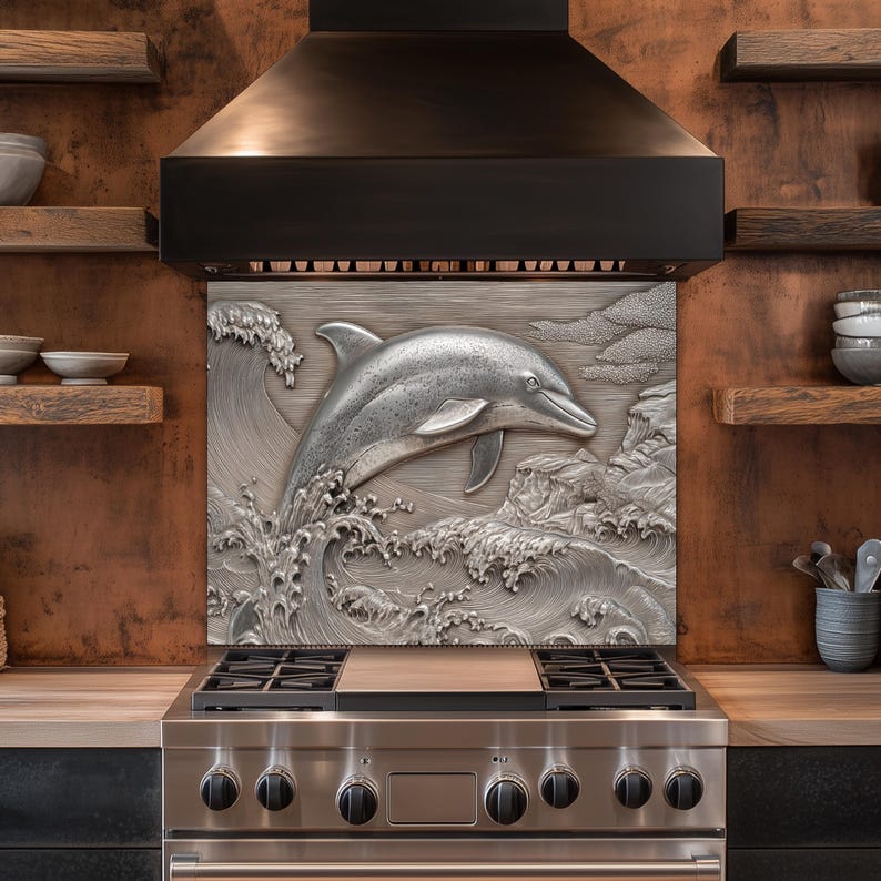 May include: A stainless steel kitchen backsplash features a detailed, three-dimensional relief of a dolphin leaping from ocean waves. The dolphin is silver, and the waves are textured. The backsplash is mounted above a stainless steel gas range.