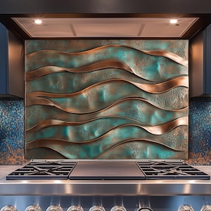 May include: A copper and teal wave-patterned backsplash above a stainless steel cooker. The backsplash features a textured surface with copper and teal hues. The cooker has multiple burners and a black hob.
