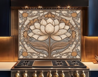 Revestimiento de vidrio con forma de flor de loto, panel floral beige, elegante decoración de pared para cocina, arte de revestimiento de vidrio templado para estufa