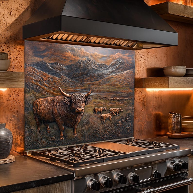 May include: A kitchen backsplash featuring a detailed relief of a Highland cow in a mountainous landscape. The artwork is in shades of brown and copper, with a black range hood above and a stainless steel gas range below.