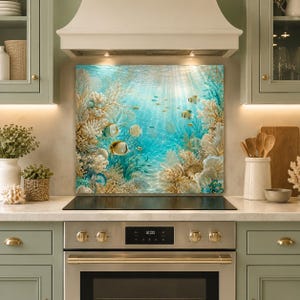 May include: A rectangular kitchen splashback panel featuring a vibrant underwater scene with light blue water, various species of tropical fish, and intricate coral reef formations in shades of white, beige, and light blue, illuminated by sunlight.