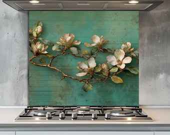 Magnolia Flower Glass Kitchen Backsplash: Heat Resistant, Floral Wall Decor