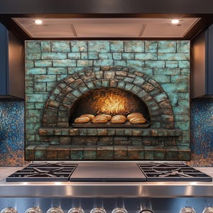 Puede incluir: Un protector contra salpicaduras de cocina decorativo con un dise&ntilde;o de horno de ladrillo en tonos turquesa y marr&oacute;n. El horno tiene un arco de ladrillo, llamas y hogazas de pan. Una cocina de gas de acero inoxidable est&aacute; en primer plano.