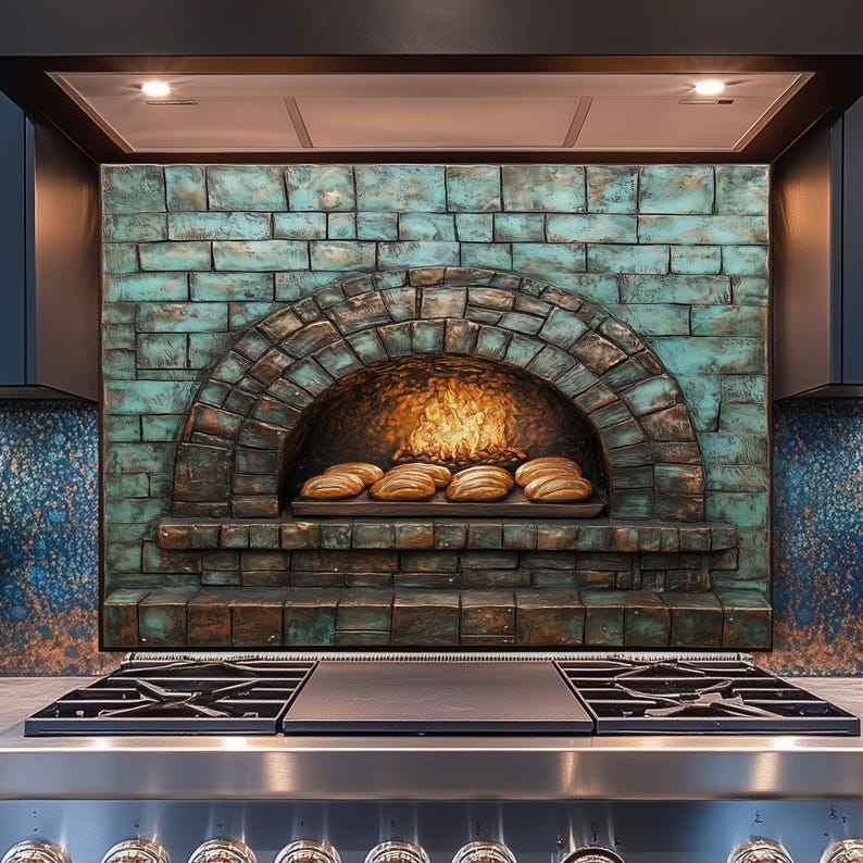 Puede incluir: Un protector contra salpicaduras de cocina decorativo con un dise&ntilde;o de horno de ladrillo en tonos turquesa y marr&oacute;n. El horno tiene un arco de ladrillo, llamas y hogazas de pan. Una cocina de gas de acero inoxidable est&aacute; en primer plano.