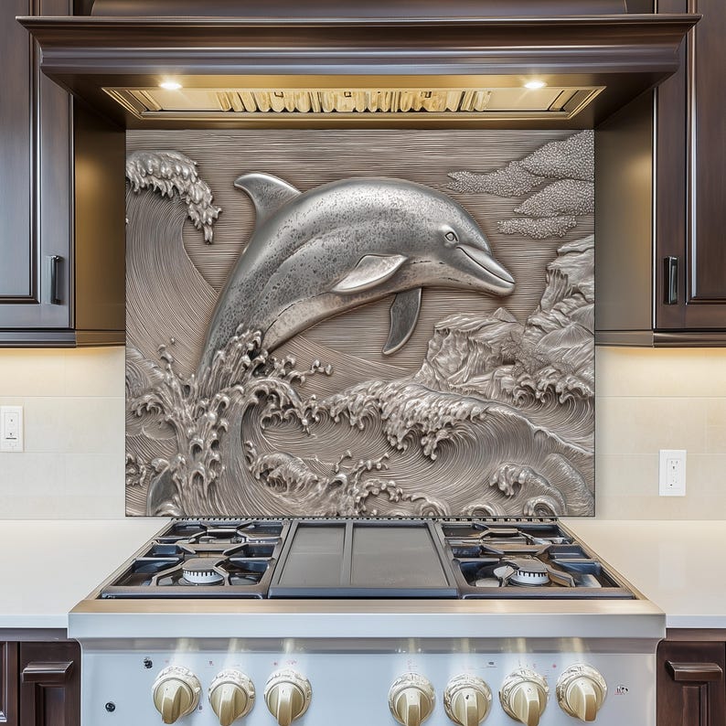 May include: A stainless steel kitchen backsplash featuring a 3D relief of a dolphin leaping from ocean waves. The artwork is set above a gas range with brass-colored knobs, framed by dark wood cabinetry.
