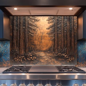 May include: A copper-toned kitchen backsplash featuring a detailed forest scene with tall trees and a path leading into the distance. The backsplash is installed above a stainless steel gas range with a black cooktop.