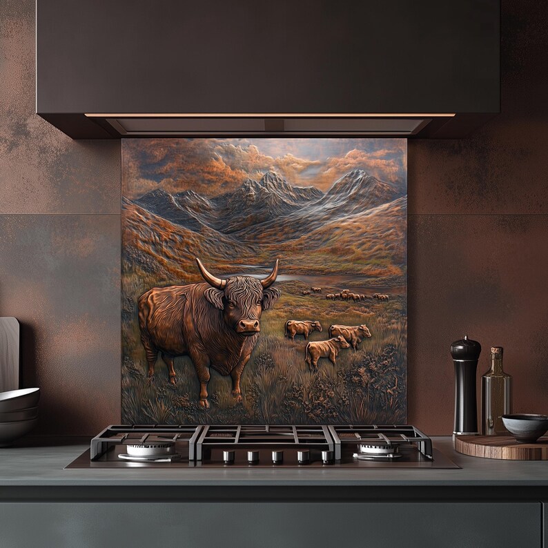 May include: A decorative kitchen backsplash featuring a detailed relief of a Highland cow in a mountainous landscape. The artwork is predominantly brown and tan, with a herd of cows in the background. The backsplash is installed above a gas stovetop.