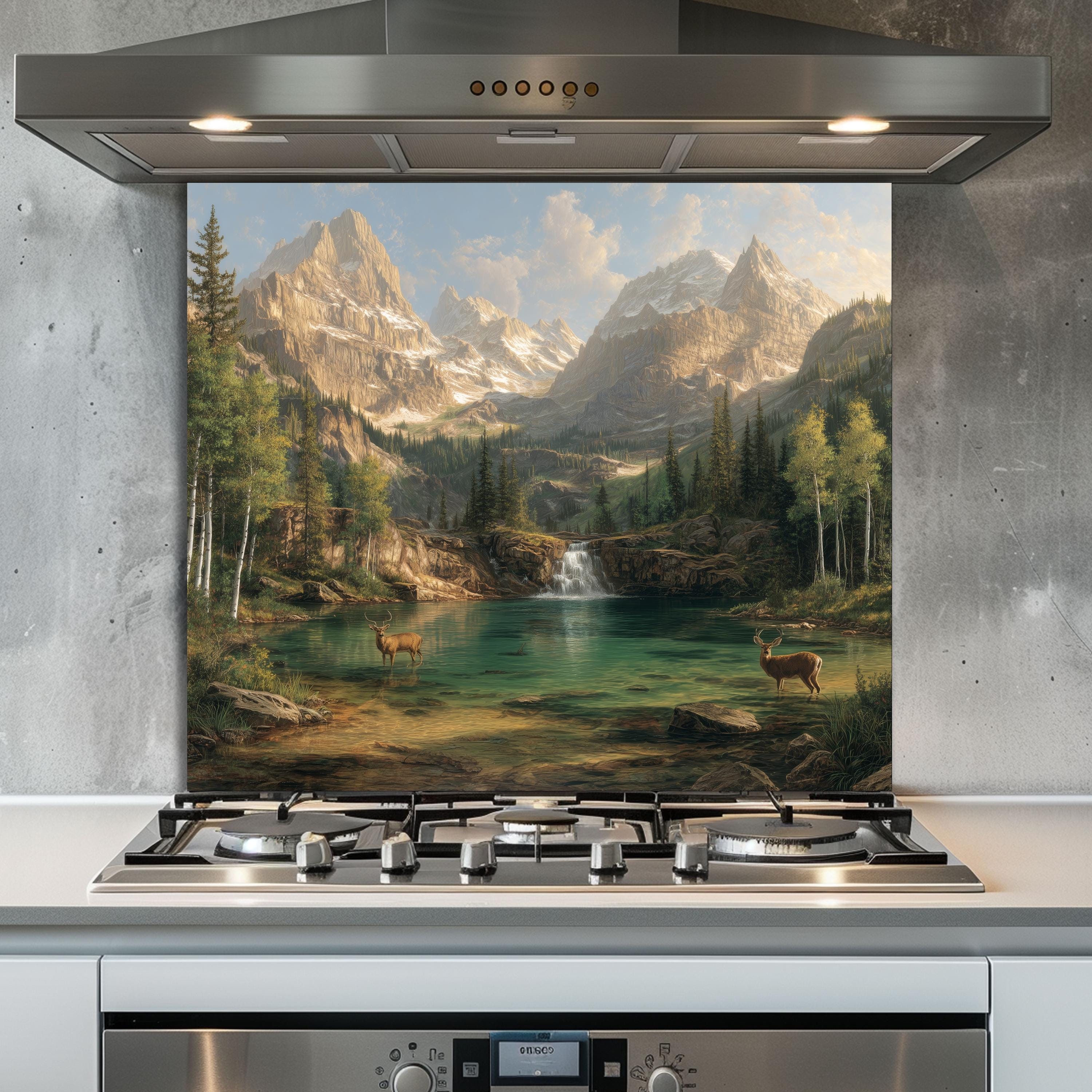 Nature Splashbacks Mountain Lake Deer Tempered Glass Kitchen Backsplash, Scenic Nature ...