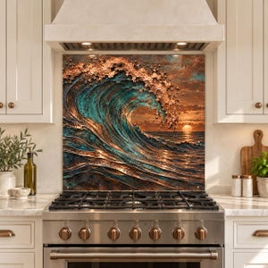May include: A rectangular kitchen backsplash panel featuring a textured, metallic-toned ocean wave in shades of copper, bronze, and teal. The artwork depicts a large, cresting wave against a sunset horizon with a visible sun over the water.