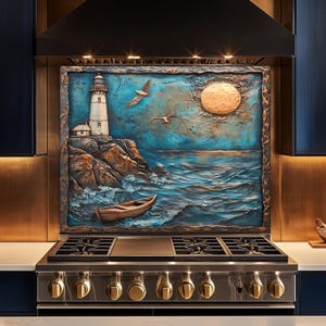 Op de afbeelding: Een decoratieve keukenachterwand met een kusttafereel met een vuurtoren, boot en zeemeeuwen. Het kunstwerk is geplaatst tegen een blauwe en bruine achtergrond, met daaronder een roestvrijstalen gasfornuis.
