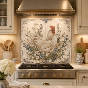 Può includere: Un murale quadrato di piastrelle decorative raffigurante un gallo bianco centrale circondato da illustrazioni botaniche floreali blu e verdi e volute ornamentali agli angoli, installato come paraschizzi dietro un fornello in acciaio.