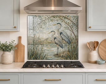 Protector contra salpicaduras de vidrio Heron, panel de estufa de mosaico Sage Aqua, decoración de cocina inspirada en la naturaleza.