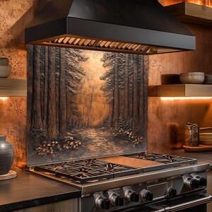 May include: A kitchen range with a black range hood and a copper backsplash featuring a forest scene. The range has a stainless steel finish with multiple burners. Wooden shelves and a dark countertop complete the kitchen design.