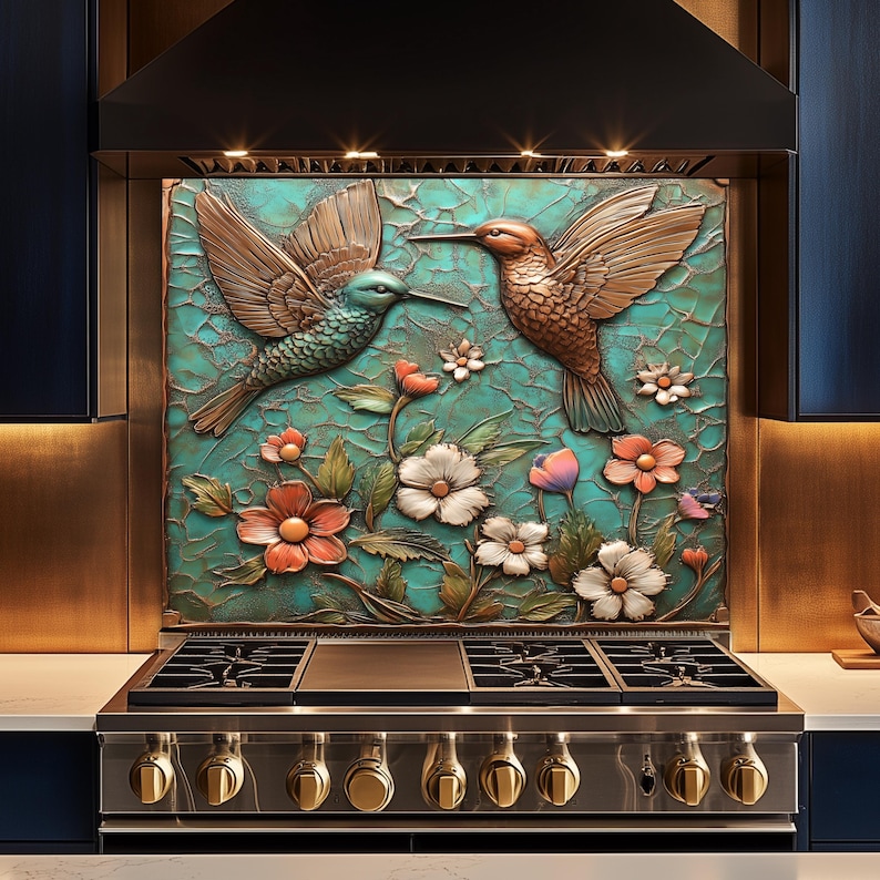 botanical hummingbird backsplash