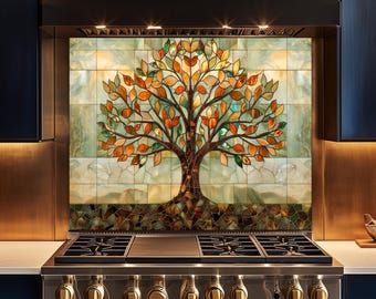 Tree of Life Tempered Glass Kitchen Backsplash – Rustic Mosaic Wall Art