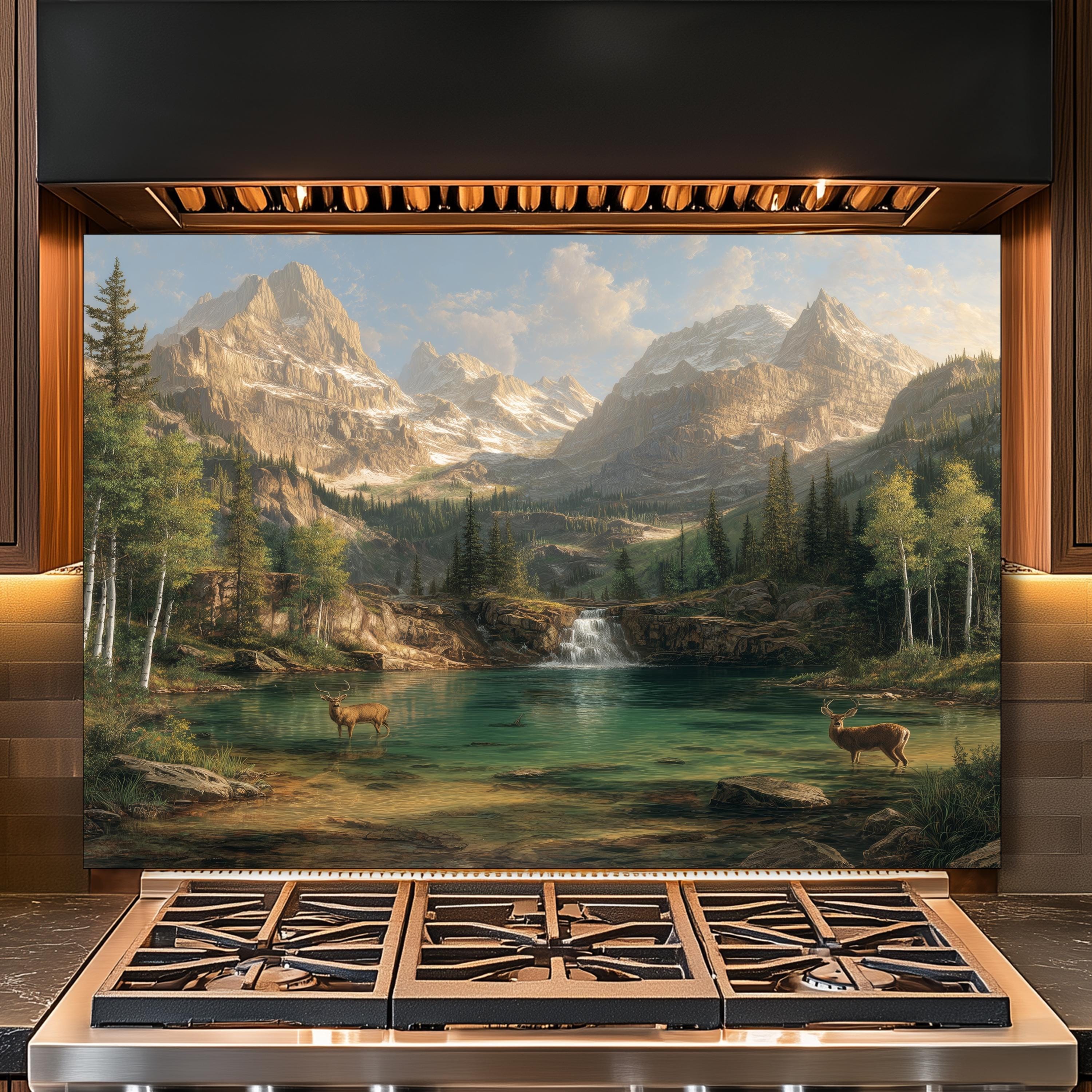 Nature Splashbacks Mountain Lake Deer Tempered Glass Kitchen Backsplash, Scenic Nature ...
