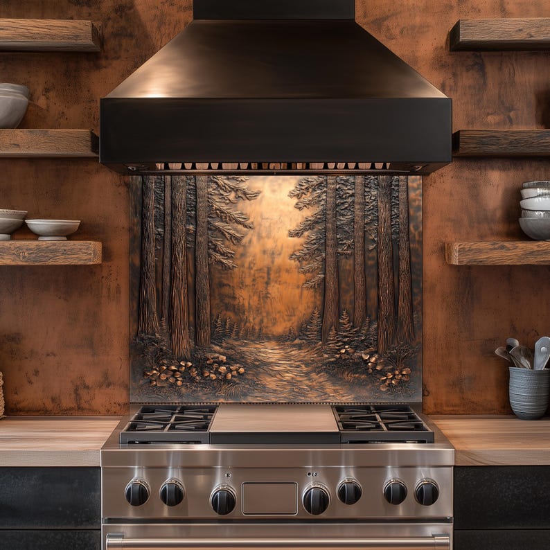 May include: Stainless steel gas range with a black range hood and a copper backsplash featuring a forest scene. Wooden shelves and countertops complement the kitchen's design. The range has six burners and black control knobs.