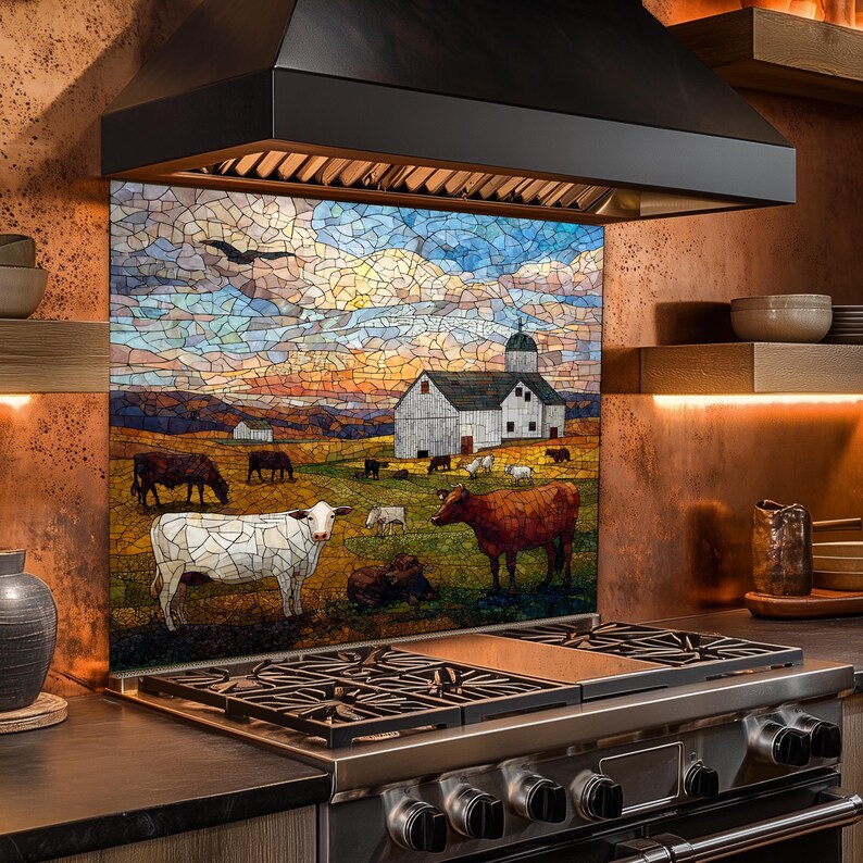 Farmyard Splashback Country Farm Glass Backsplash, Rustic Mosaic Kitchen Splashback Panel ...
