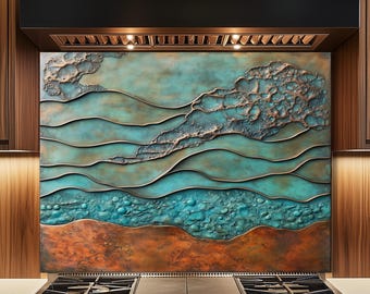 Ocean Wave Tempered Glass Backsplash, Coastal Copper Look