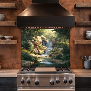 May include: A stainless steel gas range with a black range hood and a backsplash featuring a waterfall scene. The kitchen has wooden shelves and a copper-colored wall.
